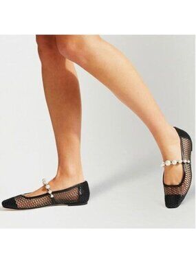 FOWT Black Mesh Square Toe Slip on Flats Pearl Studded Strap Elegant Pump